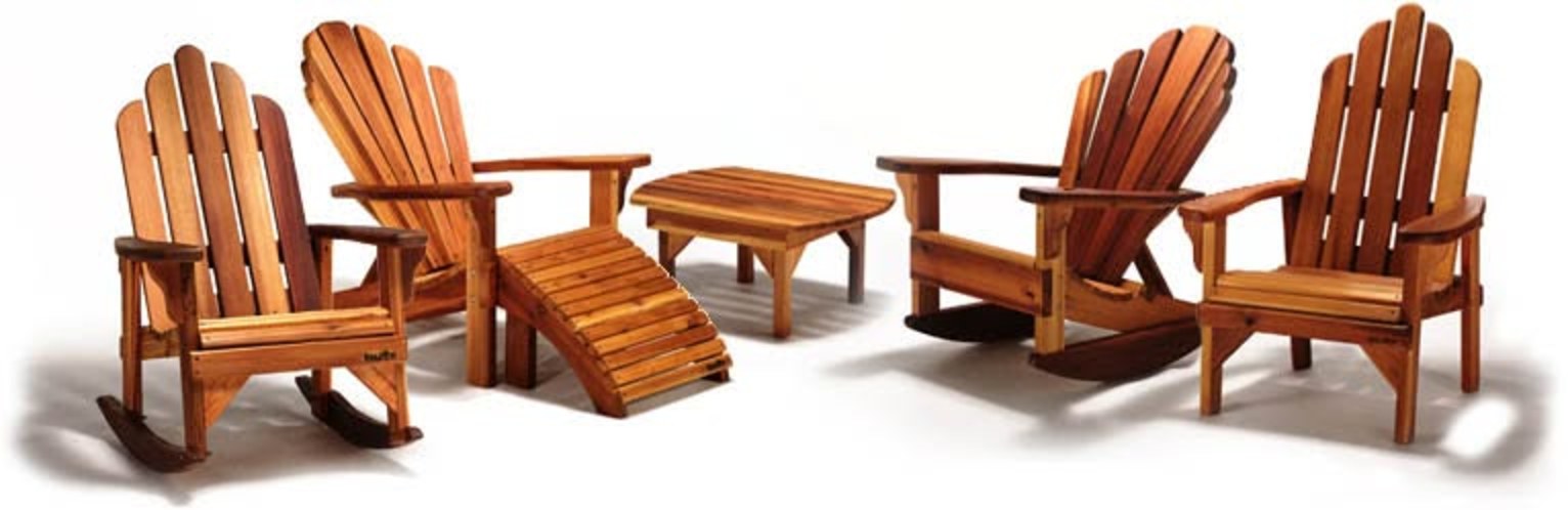 Baldwin cedar Adirondack chairs, rockers, ottoman, and side table